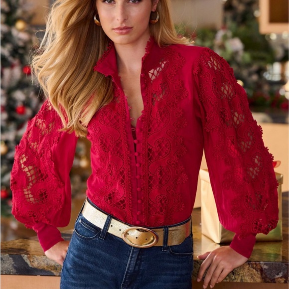 Boston Proper Tops - Boston Proper Womens Drama Sleeve Shirt Sz L Mock Neck Button Front Texture Lace